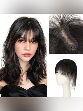 HUMAN HAIR Human Hair Topper w/ Air Bangs Lightweight Clip In